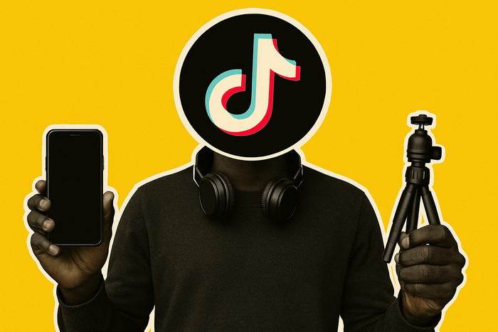 Pop-art style illustration of a Black creator with TikTok logo as head, wearing headphones, holding a smartphone in one hand and a mini tripod in the other against a bright yellow background