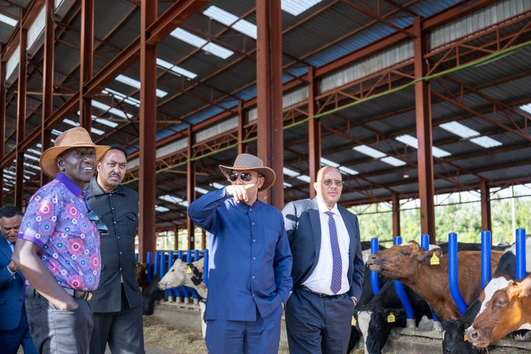 President William Ruto and Ethiopian Prime Minister Abiy Ahmed at Koilel dairy farm in Uasin Gishu County.