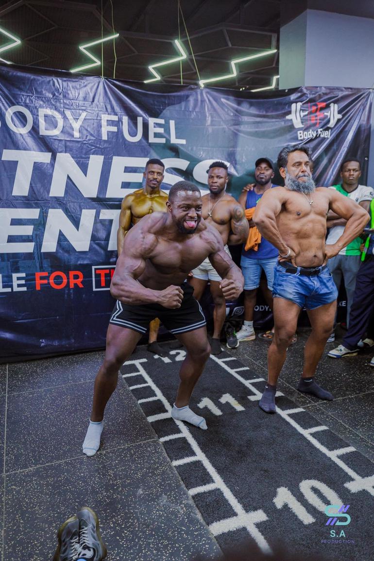 Bodybuilder and fitness coach Gachau Njoroge flex away in a past edition of the Body Fuel bodybuilding competition (Image: Files)