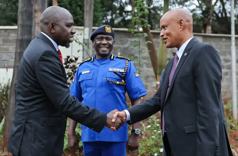 Interior CS Kipchumba Murkomen meets with DCI Director Amin Mohamed Ibrahim during the launch of the Multi-Biometric Identification System (MBIS Version 5) in Nairobi (Image: Files)