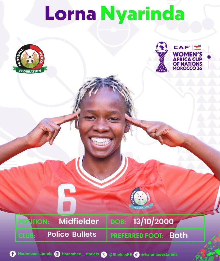 Lorna Nyarinda Nyabuto is a key midfielder for the Kenya Women's National Football Team (Harambee Starlets) and currently plays domestically for the reigning Premier League champions, Kenya Police Bullets FC (Image: Files)