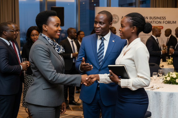 Three professionals networking at a business forum, with two women shaking hands while a man in a blue suit looks on and gestures during their conversation