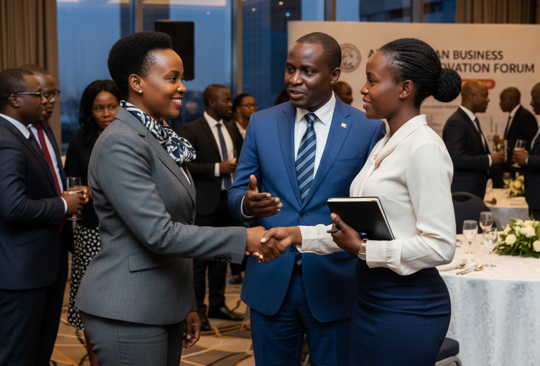 Three professionals networking at a business forum, with two women shaking hands while a man in a blue suit looks on and gestures during their conversation