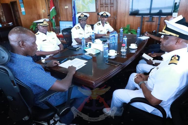 Kenya Ports Authority (KPA) Managing Director, Captain William Ruto hosts Brigadier Abraham Biwott, Commander Kenya Navy Base Mtongwe, during a courtesy visit on 15th November 2024 (Image: Files)