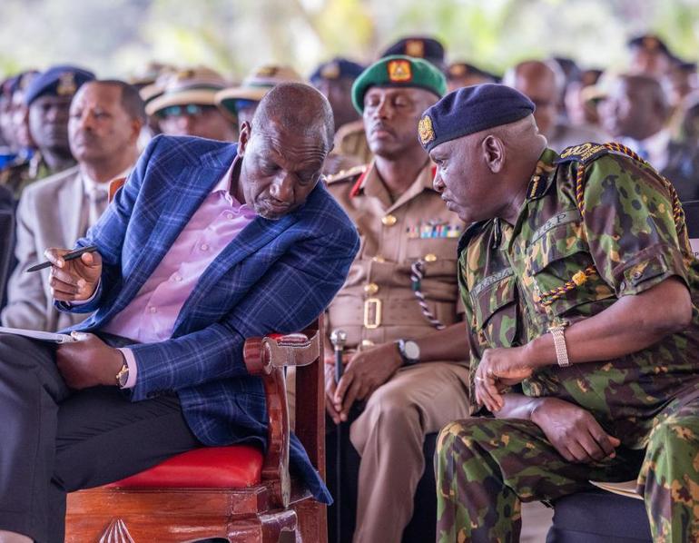 President William Ruto and IG Douglas Kanja during a high-level meeting of security chiefs at State House, Nairobi on June 28, 2025.