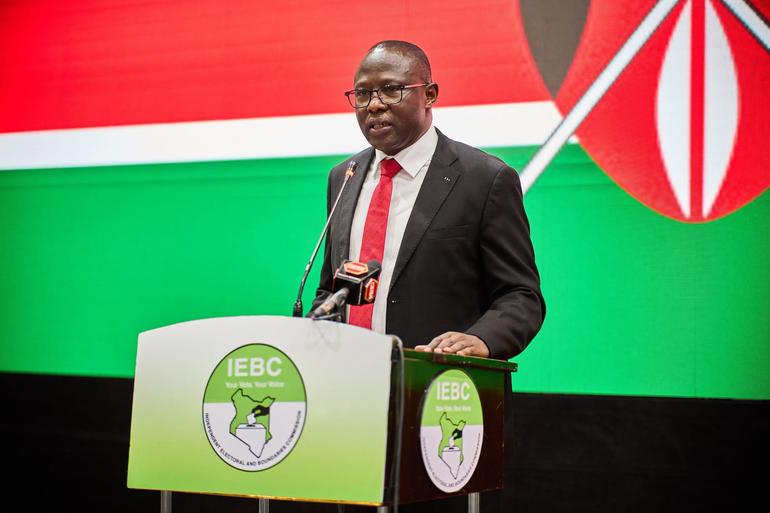 IEBC Chairperson Erastus Ethekon speaks to the media during the launch (Image: Files)