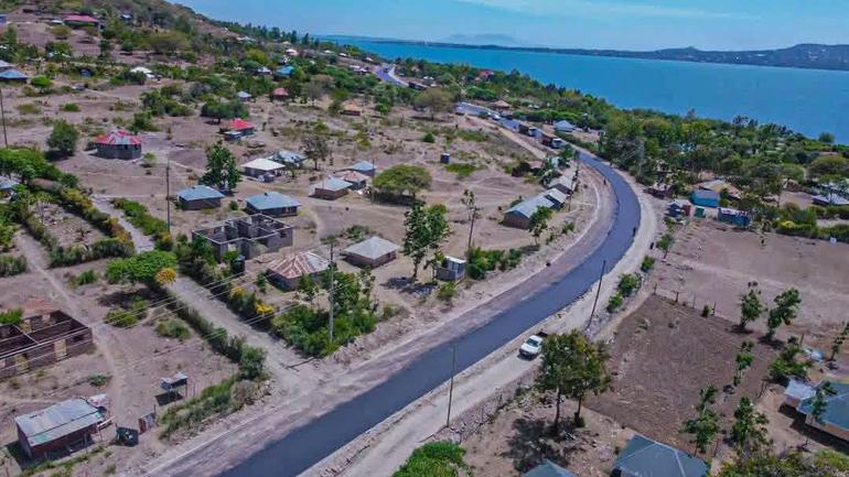 A drone capture of Rusinga Island, showing the recently-tarmacked Ring Road that cuts across the resort island (Image: Files)