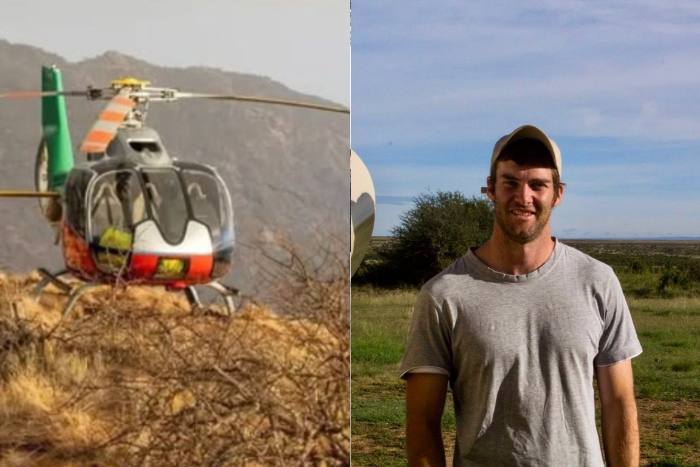 Photo collage of the chopper that crashed in Samburu and its pilot Josh Outram and . (Image: Loisaba Conservancy)