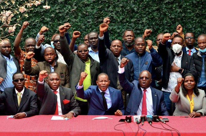 Universities Academic Staff Union (UASU) officials when they issued a strike notice. (Image: ntvkenya)