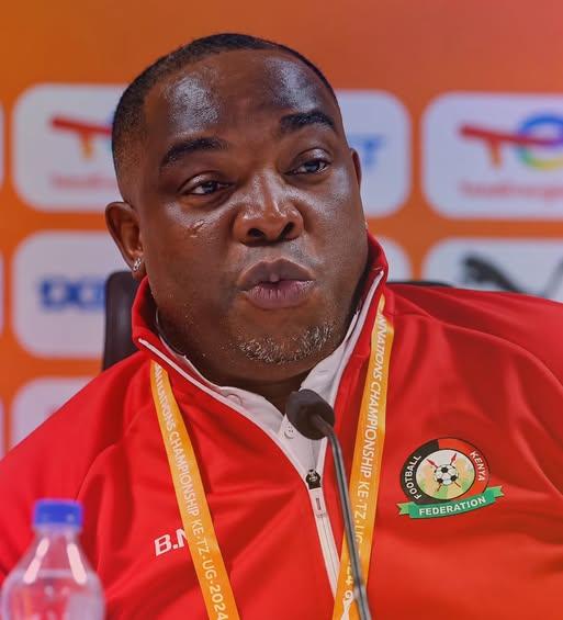 Harambee Stars head coach Benni McCarthy at a previous press briefing (Image: Files)