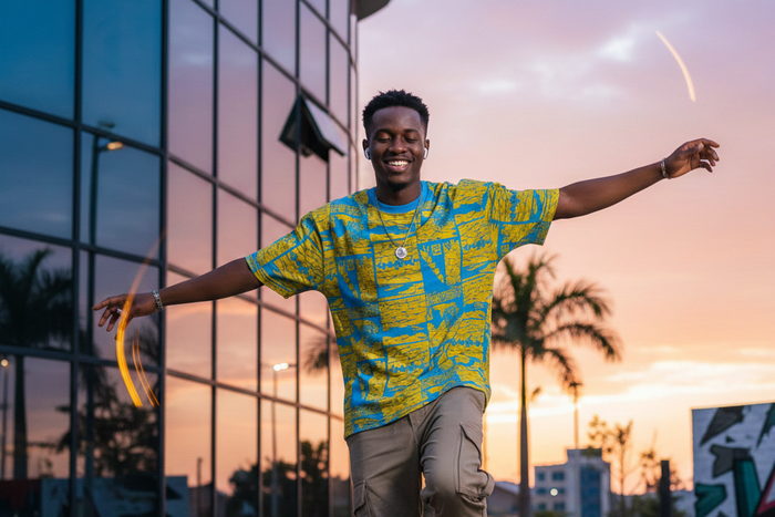 An AI-generated  an image of a modern young Kenyan dancing listening to music through earpods