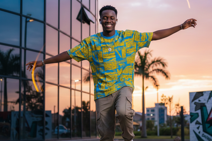 An AI-generated  an image of a modern young Kenyan dancing listening to music through earpods