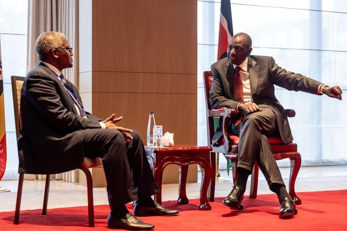 President William Ruto having a conversation with Aliko Dangote, Africa's richest man.