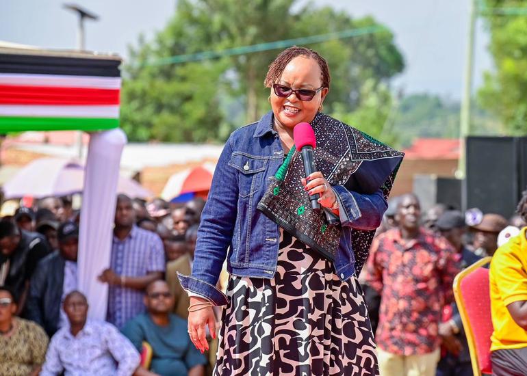 Governor Ann Waiguru speaks at an event in Mabera TVC Grounds, celebrating the boosting of women SMEs in Kuria West (Image: Files)