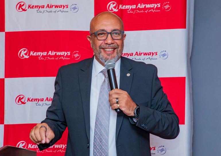 Kenya Airways Ag. Group MD and CEO, Dr George Kamal, speaks at a recent Editors’ Breakfast event, that hosted members of the media to engage on opportunities, priorities and developments (Image: Files)