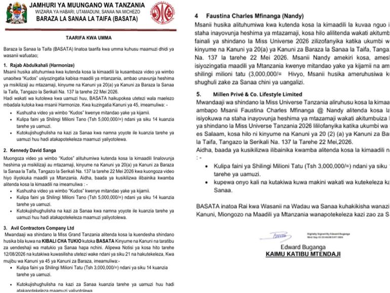 Baraza la Sanaa la Taifa, known as BASATA, issued a public notice detailing a fresh wave of fines and sanctions against several artists and event organisers.