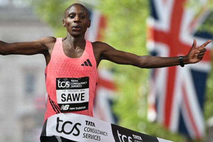 Sabastian Sawe becomes the first person ever to break the 2-hour barrier in official race conditions, storming to a historic 1:59:30 at the London Marathon in April 2026. (Image: World Athletics)