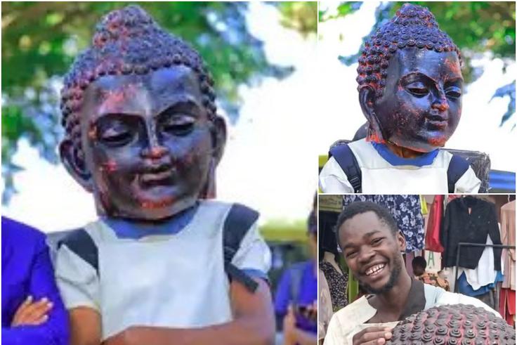 Unemployed Nairobi man behind huge Buddha head, gigantic shoes reveals face