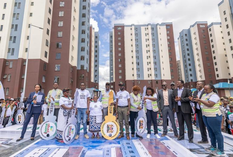 President William Ruto at the New Mukuru Housing Estate, where he handed over 1080 houses on May 20, 2025.