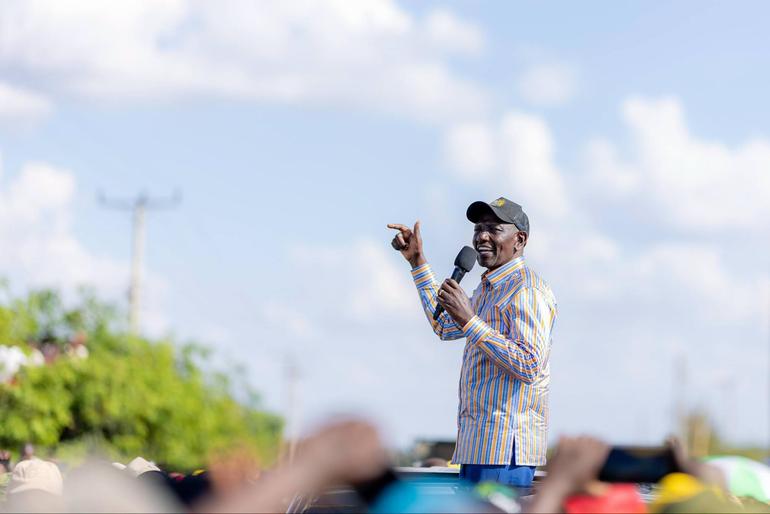 President William Ruto addressing a rally as part of his ongoing development tour in Ukambani region.