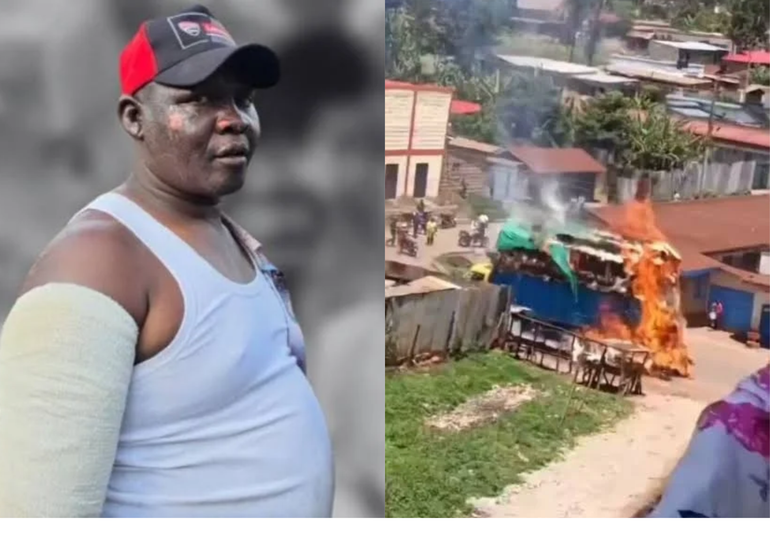 A collage image of Matthew Kaugiria and his lorry in flames