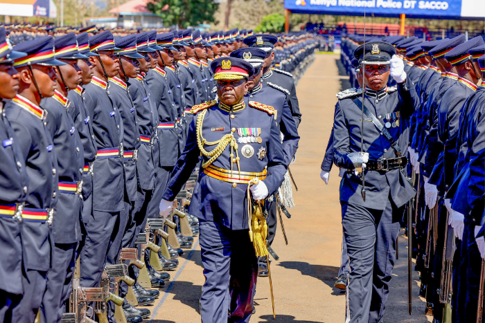 Inspector General of Police Douglas Kanja assessing preparations for the passing-out parade on August 25, 2026, at Kiganjo, where more than 6,000 police constables have completed their training. (Image: NPS)