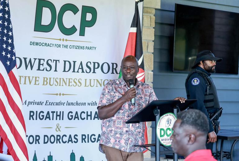 File image of former Deputy President Rigathi Gachagua addressing Kenyans in Missouri, USA as part of his ongoing tour.