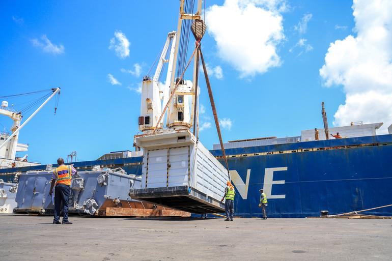 Gulf Energy's drilling rig being offloaded at the port of Mombasa.
