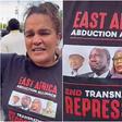 One protester wore a black T-shirt printed with images of Museveni, Ruto, Suluhu Hassan and Muhoozi, bearing the message: "East Africa Abduction Alliance. End Transnational Repression."