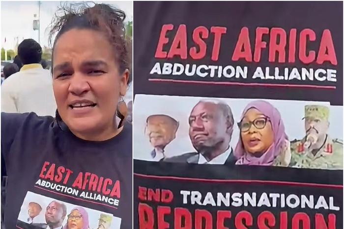 One protester wore a black T-shirt printed with images of Museveni, Ruto, Suluhu Hassan and Muhoozi, bearing the message: "East Africa Abduction Alliance. End Transnational Repression."