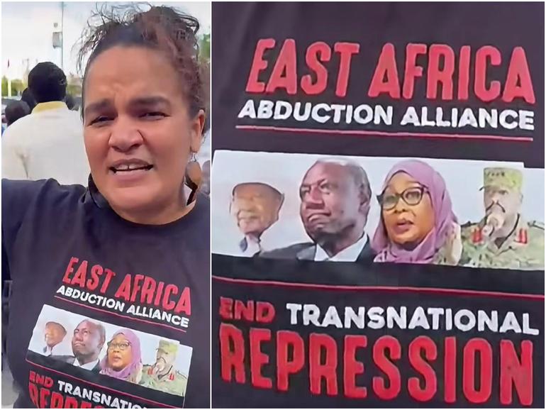 One protester wore a black T-shirt printed with images of Museveni, Ruto, Suluhu Hassan and Muhoozi, bearing the message: "East Africa Abduction Alliance. End Transnational Repression."