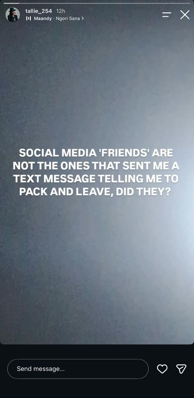 Mama Ella alias Tallie_254's post on Instagram hinting at being sent packing.