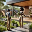 An AI-generated scene set in a modern house in Kenya features a black woman admiring her gardener.