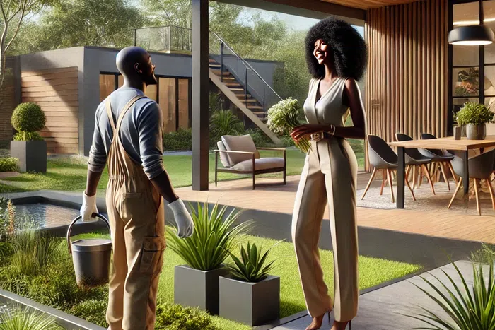 An AI-generated scene set in a modern house in Kenya features a black woman admiring her gardener.