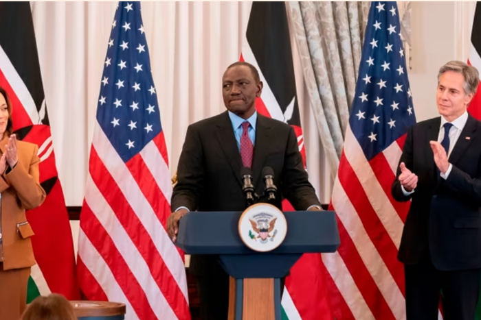 President William Ruto, centre,  alongside US vice-president Kamala Harris, left, and Secretary of State Antony Blinken