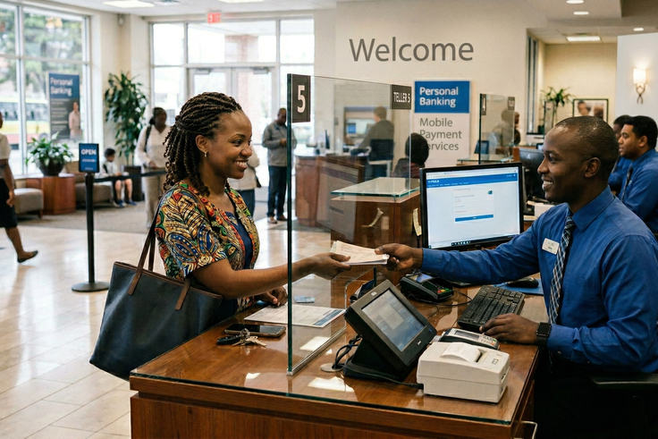 An AI-generated image of a woman being served at a bank