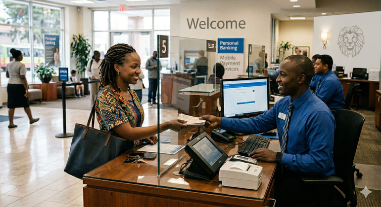 An AI-generated image of a woman being served at a bank