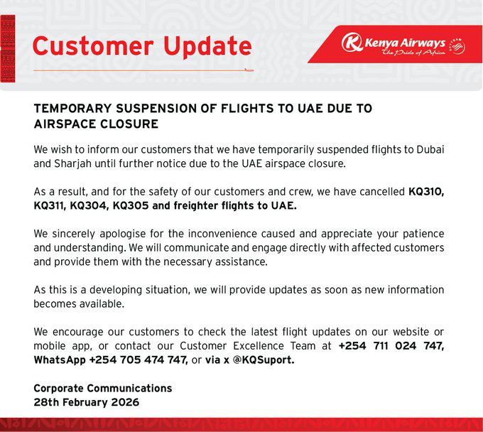 Official statement released by Kenya Airways on Saturday, February 28, 2026