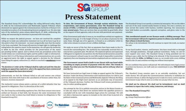 Statement issued by Ag. CEO Chaacha Mwita on behalf of Standard Group on March 27, 2026