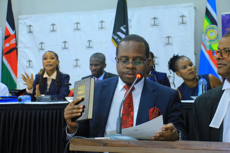 Current Law Society of Kenya President Charles Kanjama takes the oath of office