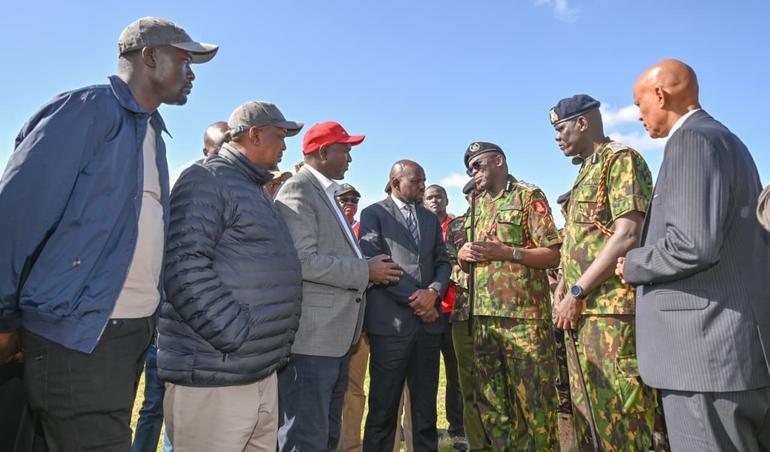 Interior CS Kipchumba Murkomen, DIG Eliud Lagat, DCI boss Mohamed Amin, and other government officials at Utumishi Academy after morning fire killed 16 learners