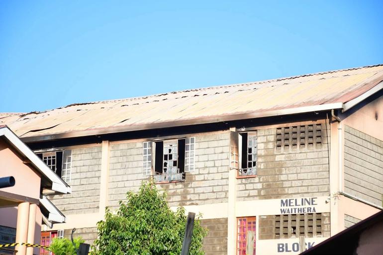 Dormitory engulfed by fire, left in ruins at Utumishi Senior School, Gilgil