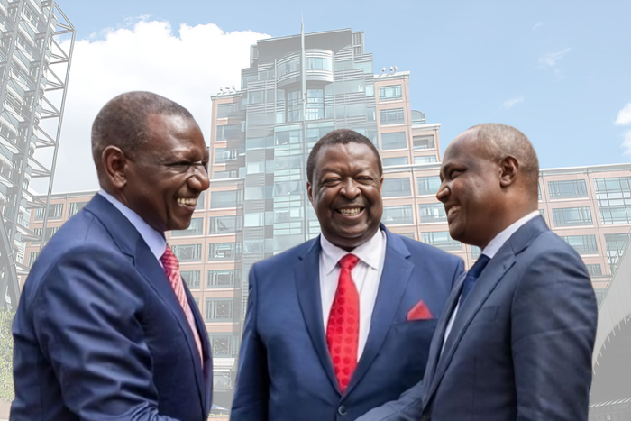President William Ruto greets Treasury CS John Mbadi as Prime CS Musalia Mudavadi looks on