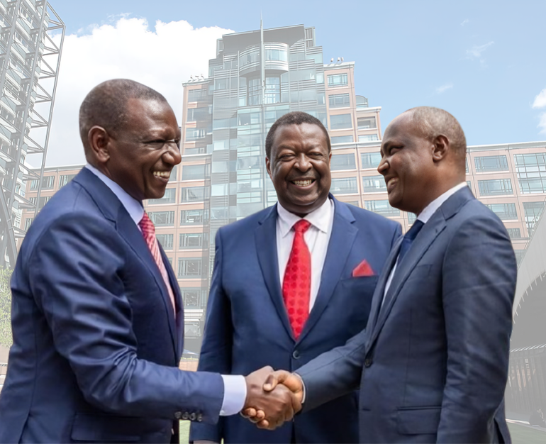 President William Ruto greets Treasury CS John Mbadi as Prime CS Musalia Mudavadi looks on