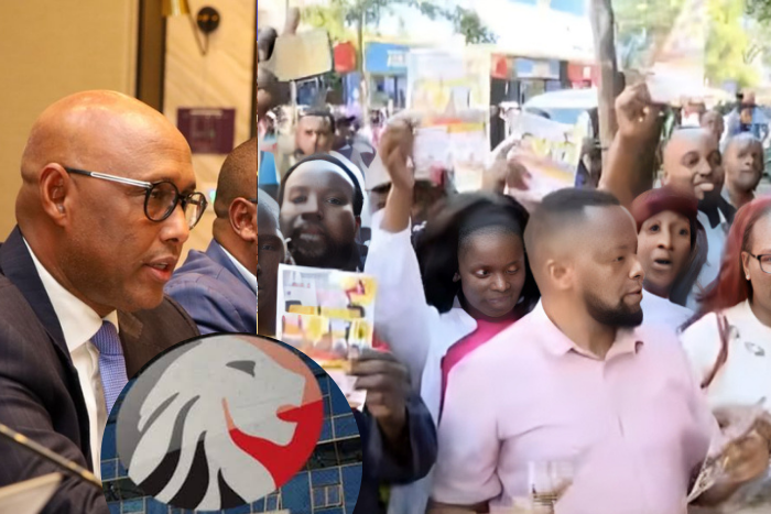 Photo collage of KRA Commissioner General Adan Mohammed and protesting traders. (Image: KRA-NTV)