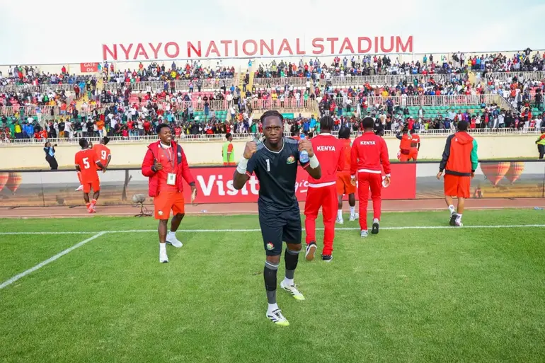 Kenya U23 players celebrate during their 4-1 win over Tanzania at Nyayo National Stadium. Photo: CAF Online.