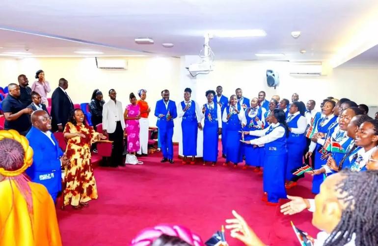 Charlene Ruto and her husband, Isaya Yunge together with First Lady Rachel Ruto join a choir in song and dance.