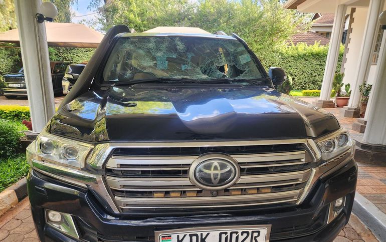 A vehicle in Rigathi Gachagua's convoy damaged  during an attack at a funeral in Limuru