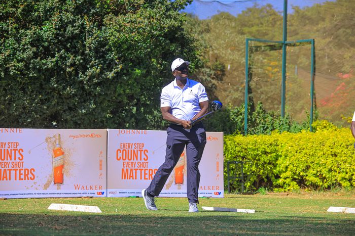 KBL MD Andrew Kilonzo follows his shot during the Johnnie Walker sponsorship for Magical Kenya Open announcement