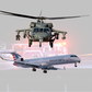A collage of a Black Hawk Chopper and a passenger jet